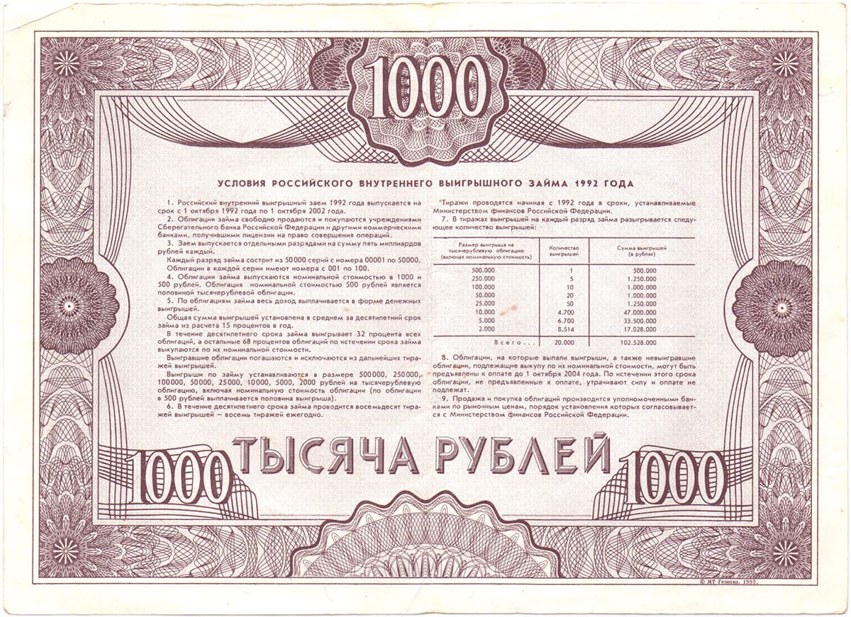 1000 рублей 1992. Российский внутренний выигрышный заём 1992 года