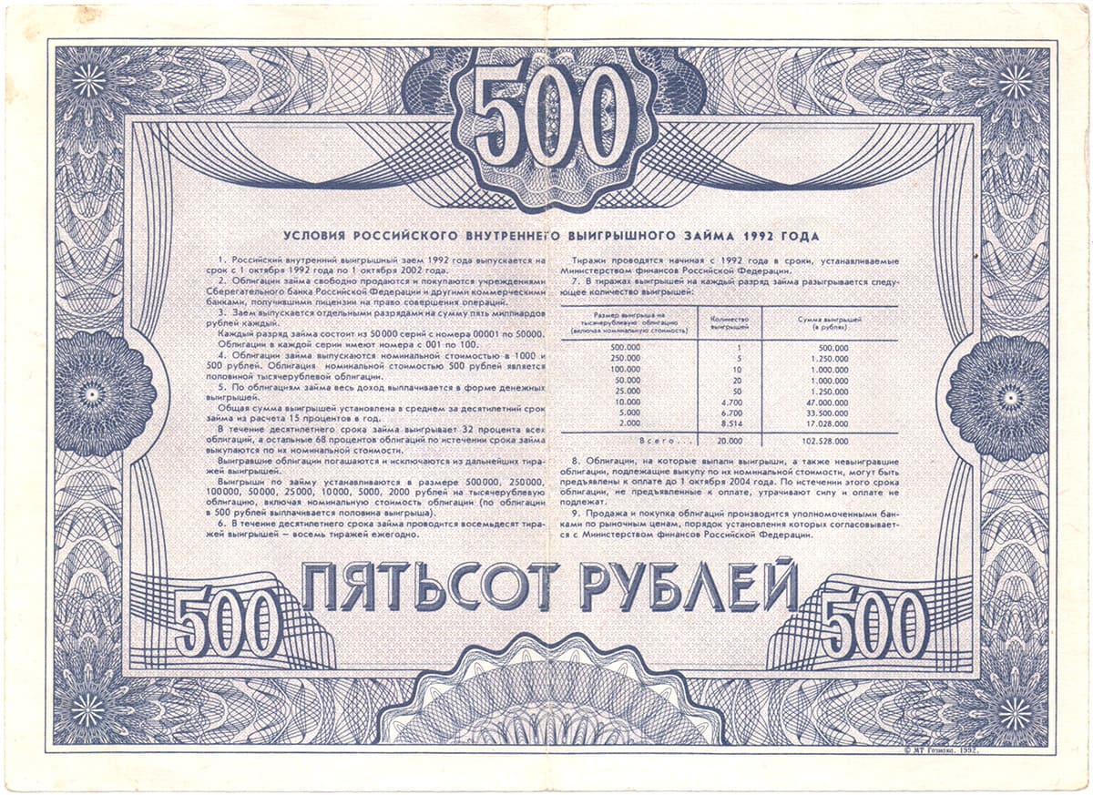 500 рублей 1992. Российский внутренний выигрышный заём 1992 года