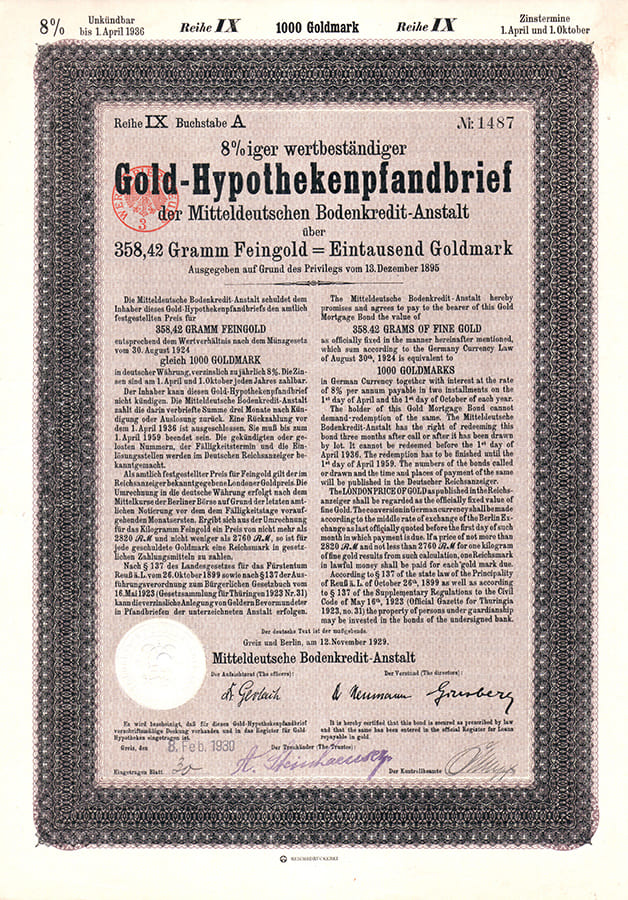 Mitteldeutsche Bodenkredit-Anstalt 1000GM 1929 Mitteldeutsche Bodenkredit-Anstalt 1000GM 1929