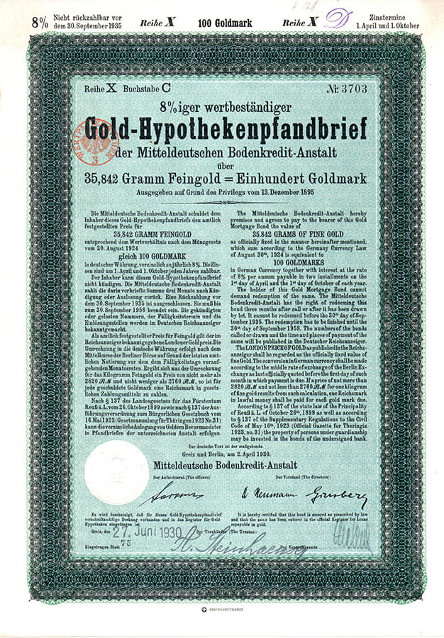 Mitteldeutsche Bodenkredit-Anstalt 100GM 1930 Mitteldeutsche Bodenkredit-Anstalt 100GM 1930