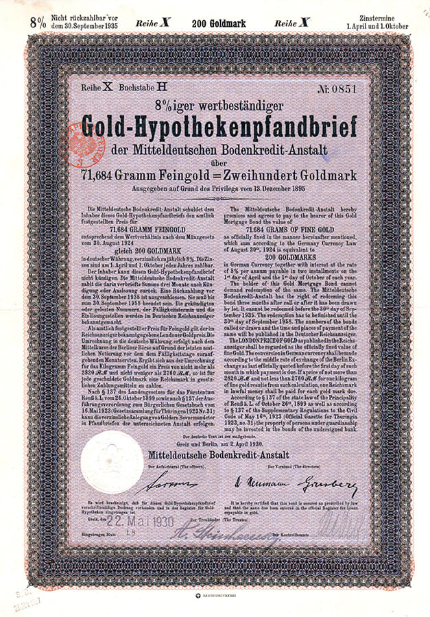 Mitteldeutsche Bodenkredit-Anstalt 200GM 1930 Mitteldeutsche Bodenkredit-Anstalt 200GM 1930