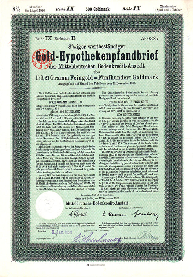 Mitteldeutsche Bodenkredit-Anstalt 500GM 1929 Mitteldeutsche Bodenkredit-Anstalt 500GM 1929