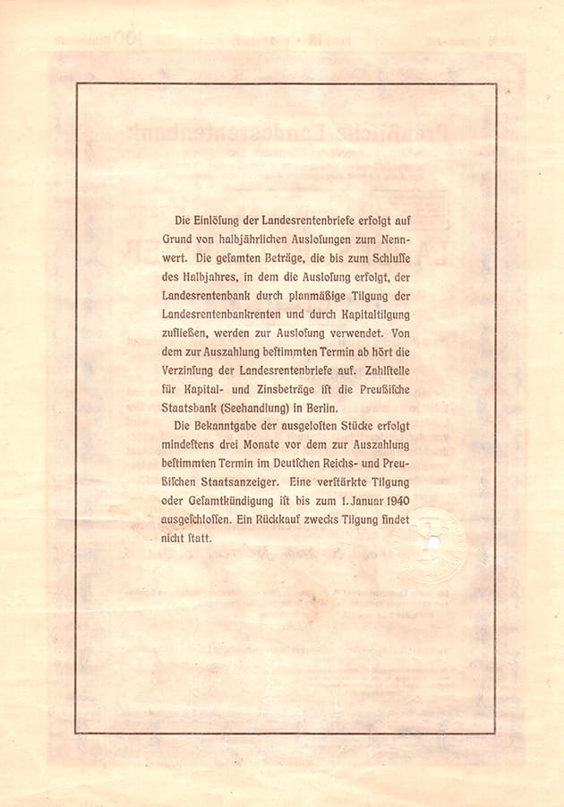 Landesrentenbrief 100 reichsmark 1937