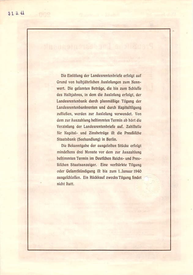 Landesrentenbrief 200 reichsmark 1940