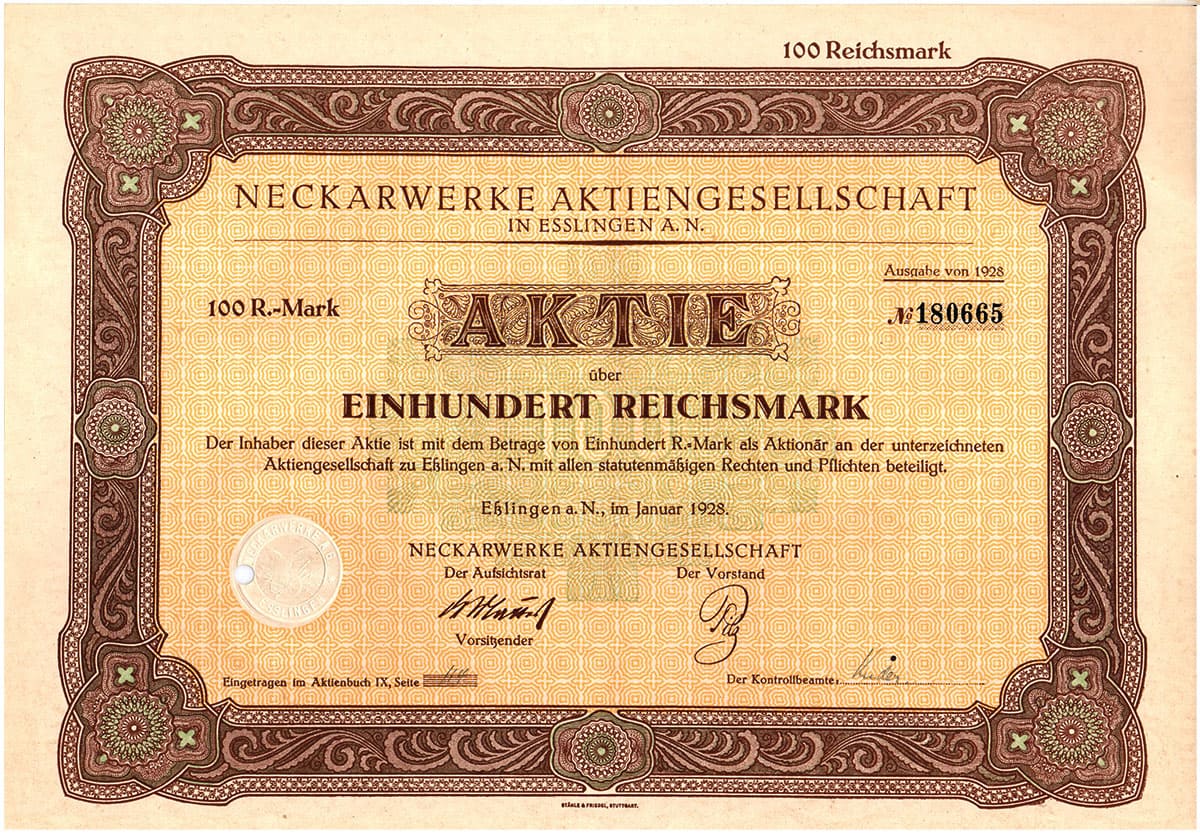 Aktie Neckarwerke Aktiengesellschaft in Esslingen 100 RM 1928