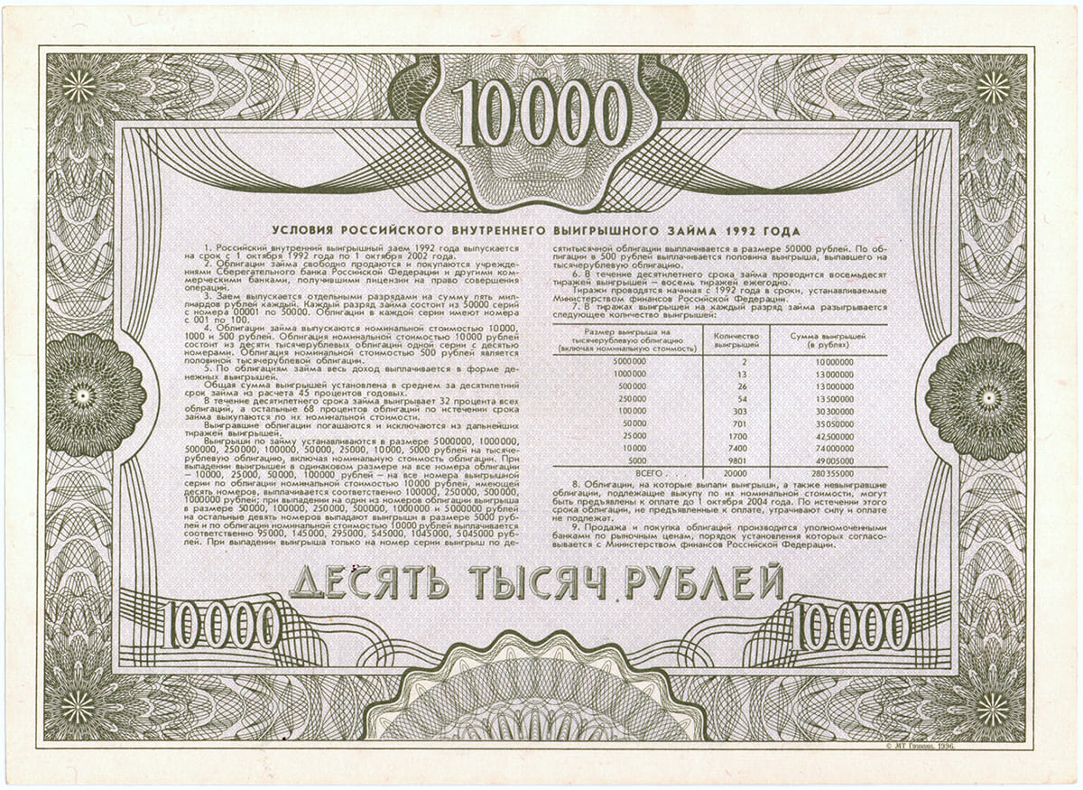 10 000 рублей 1992. Российский внутренний выигрышный заём 1992 года