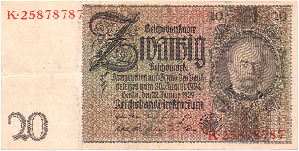 20 рейхсмарок Германии 1929 г.