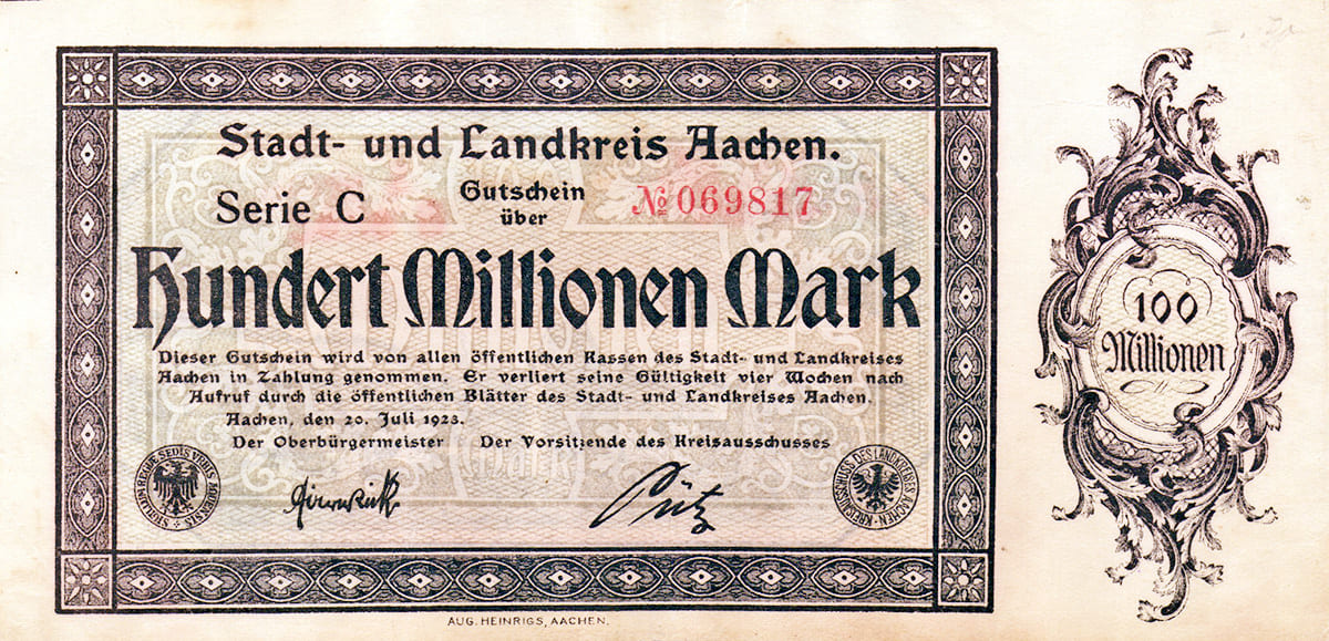 100 000 000 марок 1923 Stadt- und Landkreis Aachen