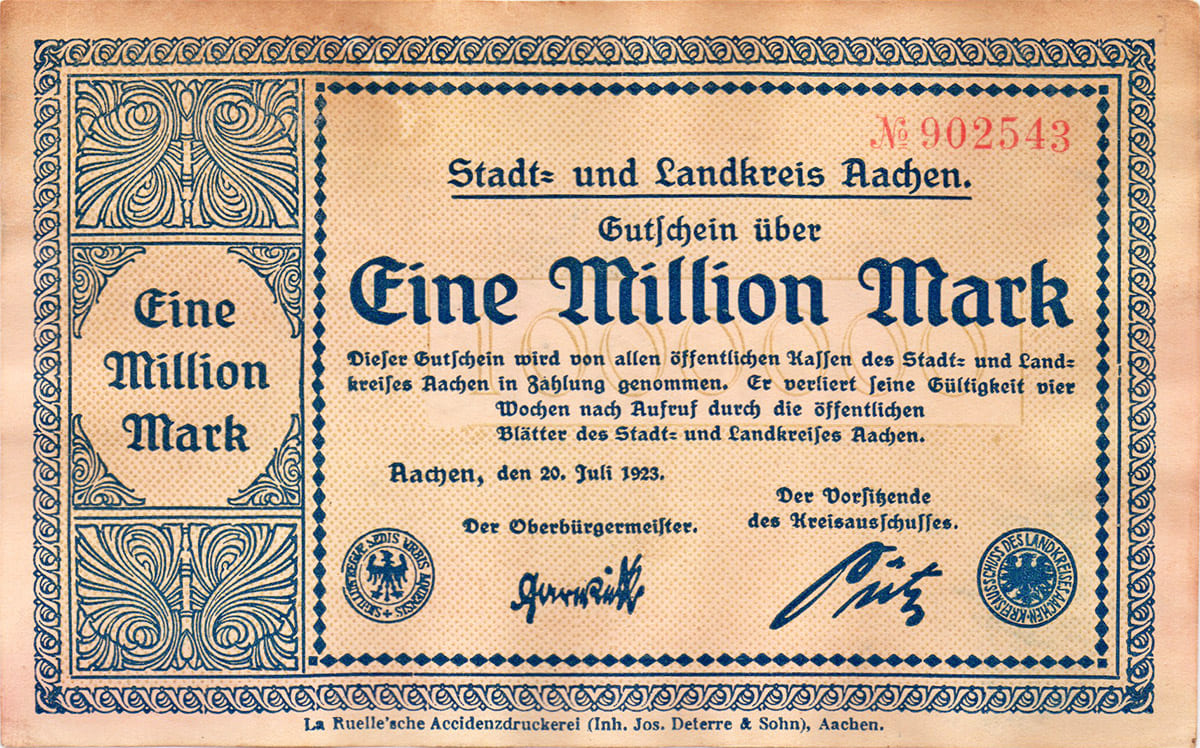 1 000 000 марок 1923 Stadt- und Landkreis Aachen