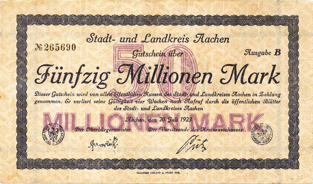 50 000 000 марок 1923 Stadt- und Landkreis Aachen