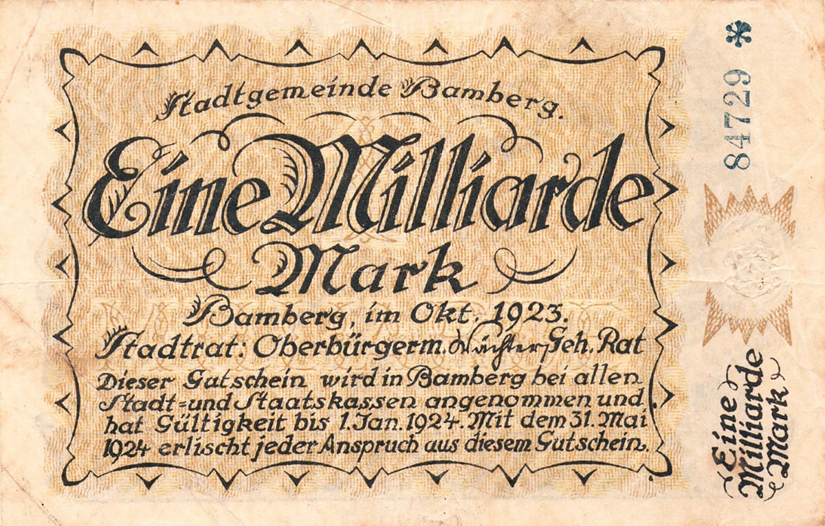 1 000 000 000 марок 1923 Großnotgeld Deutschland Stadt Bamberg 