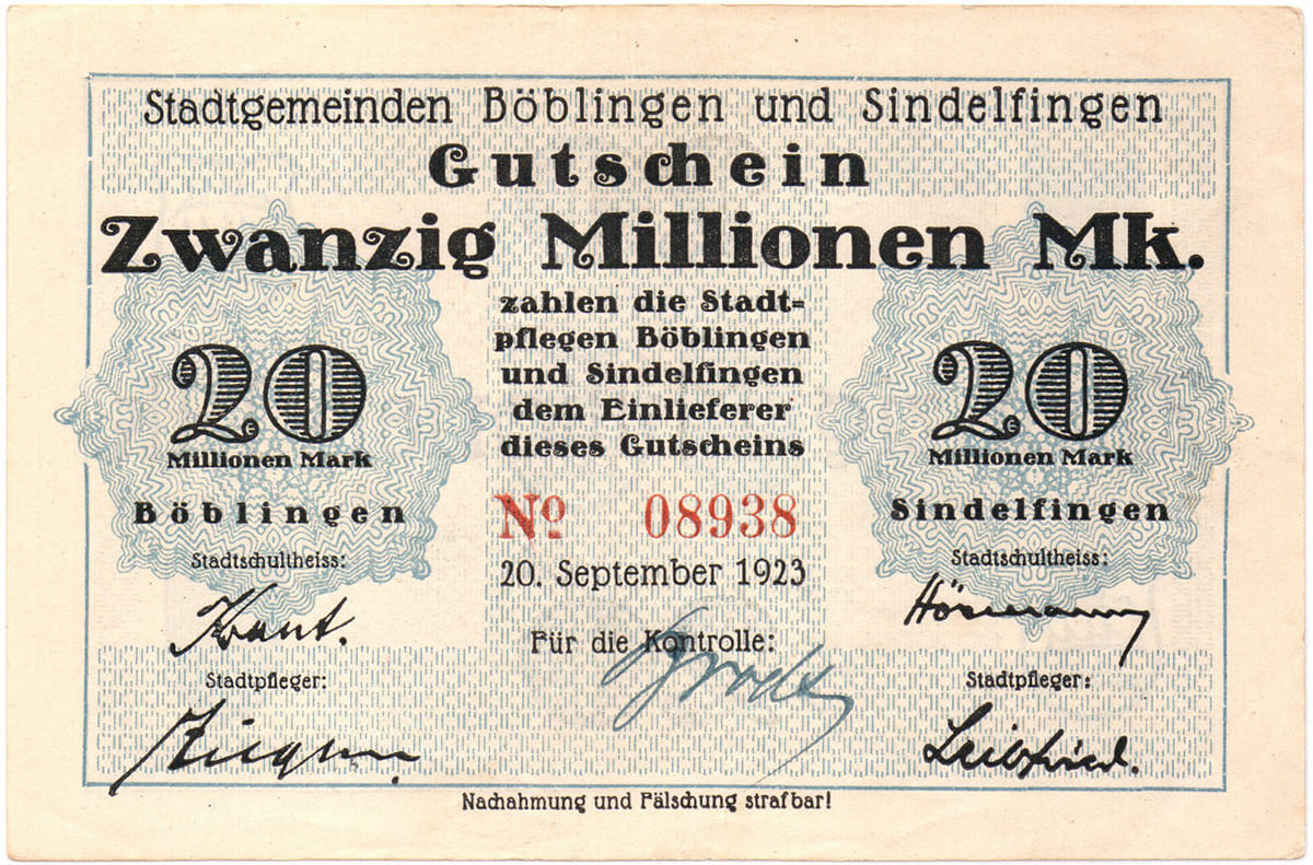 20 000 000 марок 1923 Stadtgemeinden Böblingen und Sindelfingen