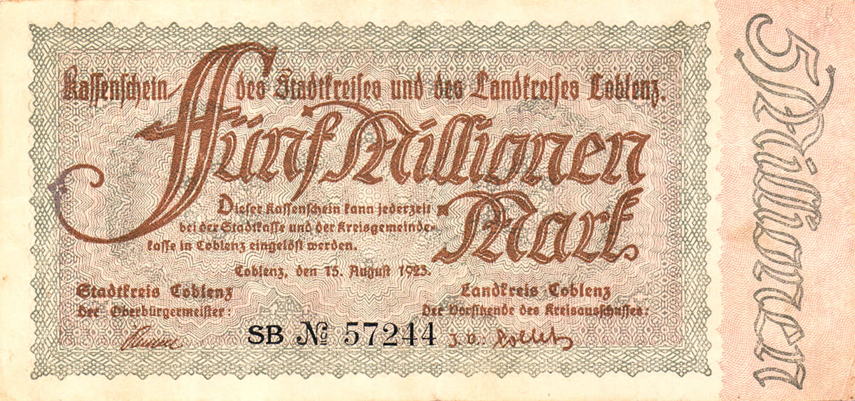   5 000 000 марок 1923 Stadtkreis und der Landkreis Coblenz