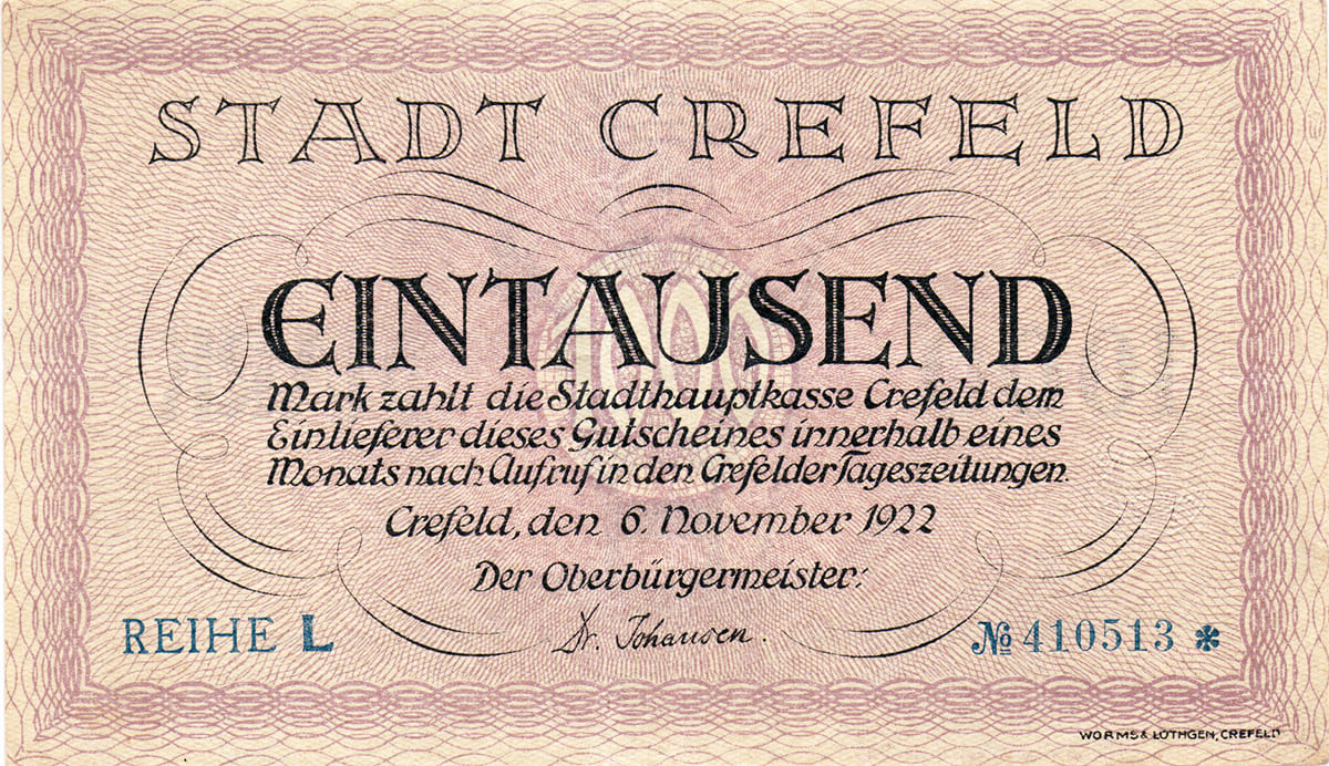 1000 марок 1923 Stadthauptkasse Crefeld