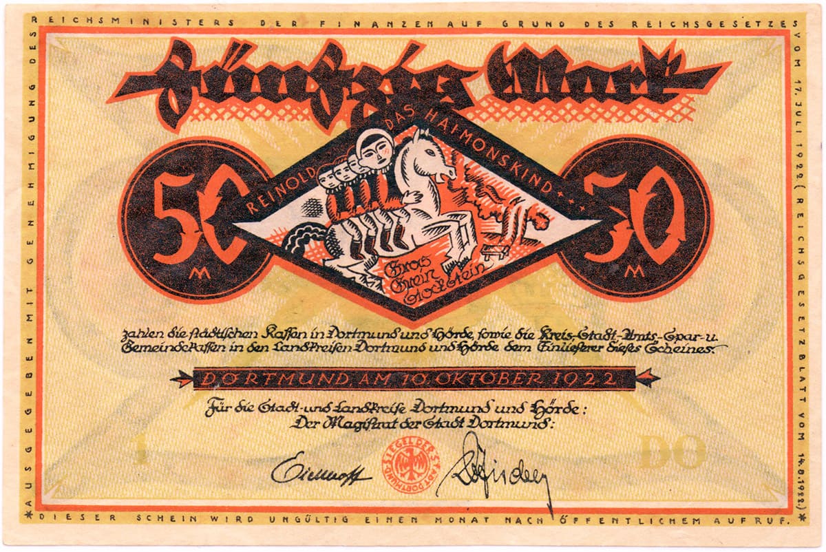 50 марок 1922 Kassen Dortmund und Hörde