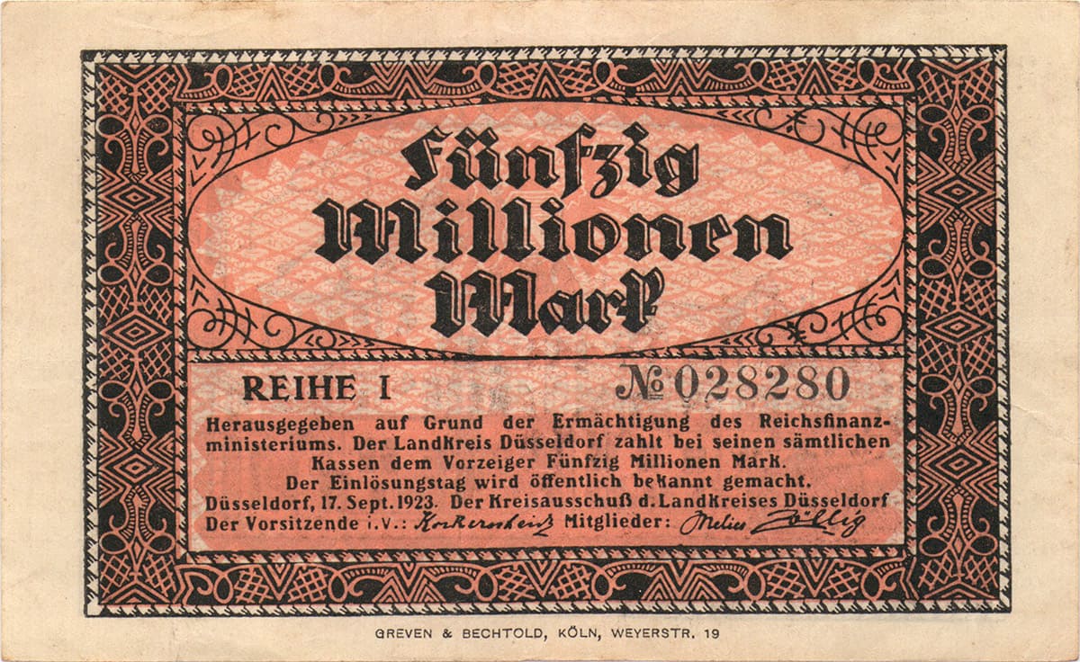 50 000 000 марок 1923 Landkreis Düsseldorf