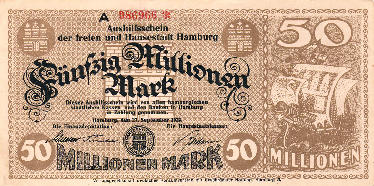 50 000 000 марок 1923 Aushilfsscheinen der freien und Hansestadt Hamburg