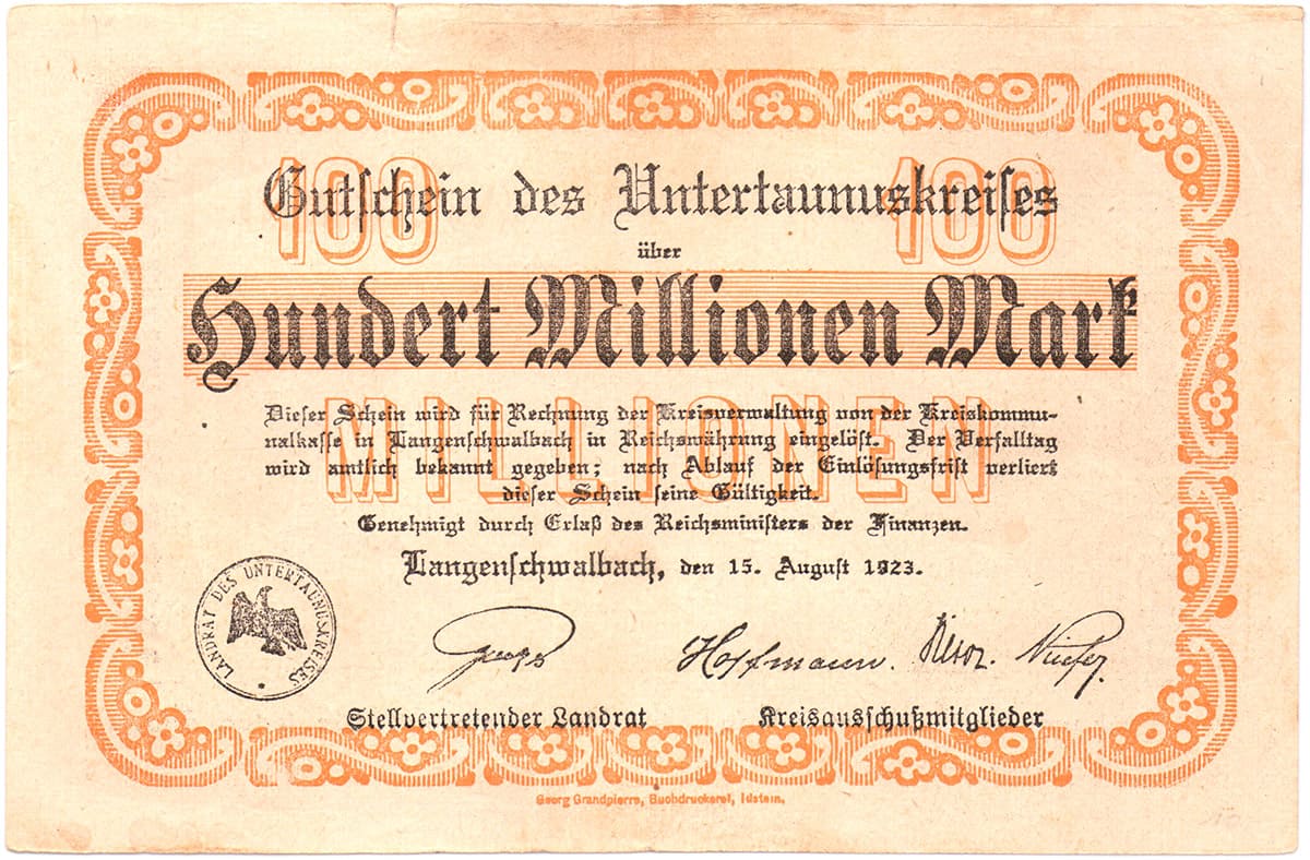 100 000 000 марок 1923 Stadt Bad Langenschwalbach