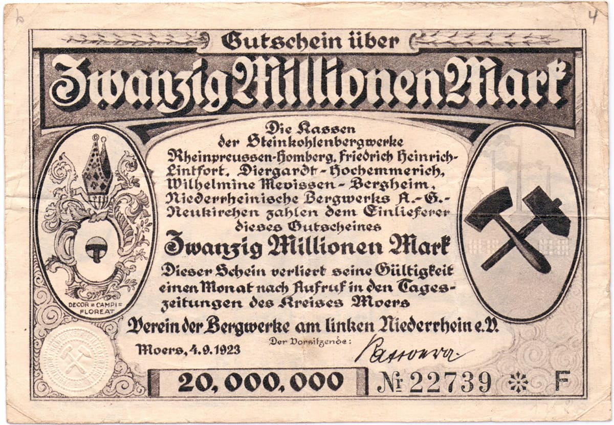 20 000 000 марок 1923 Verein der Bergwerke am linken Niederrhein e.V.
