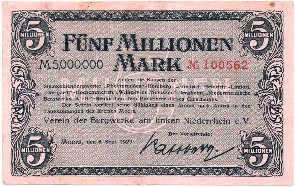 5 000 000 марок 1923 Verein der Bergwerke am linken Niederrhein e.V.
