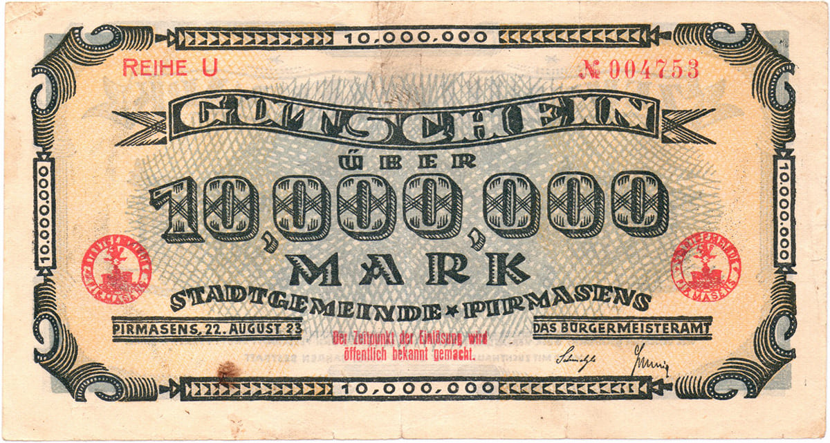 10 000 000 марок 1923 Stadtgemeinde Pirmasens