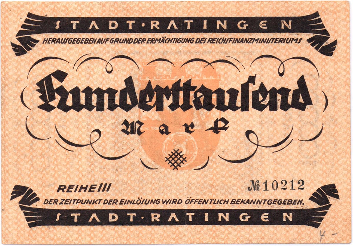 100 000 марок 1923 Stadt Ratingen
