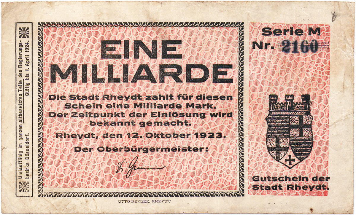1 000 000 000 марок 1923 Stadt Rheydt