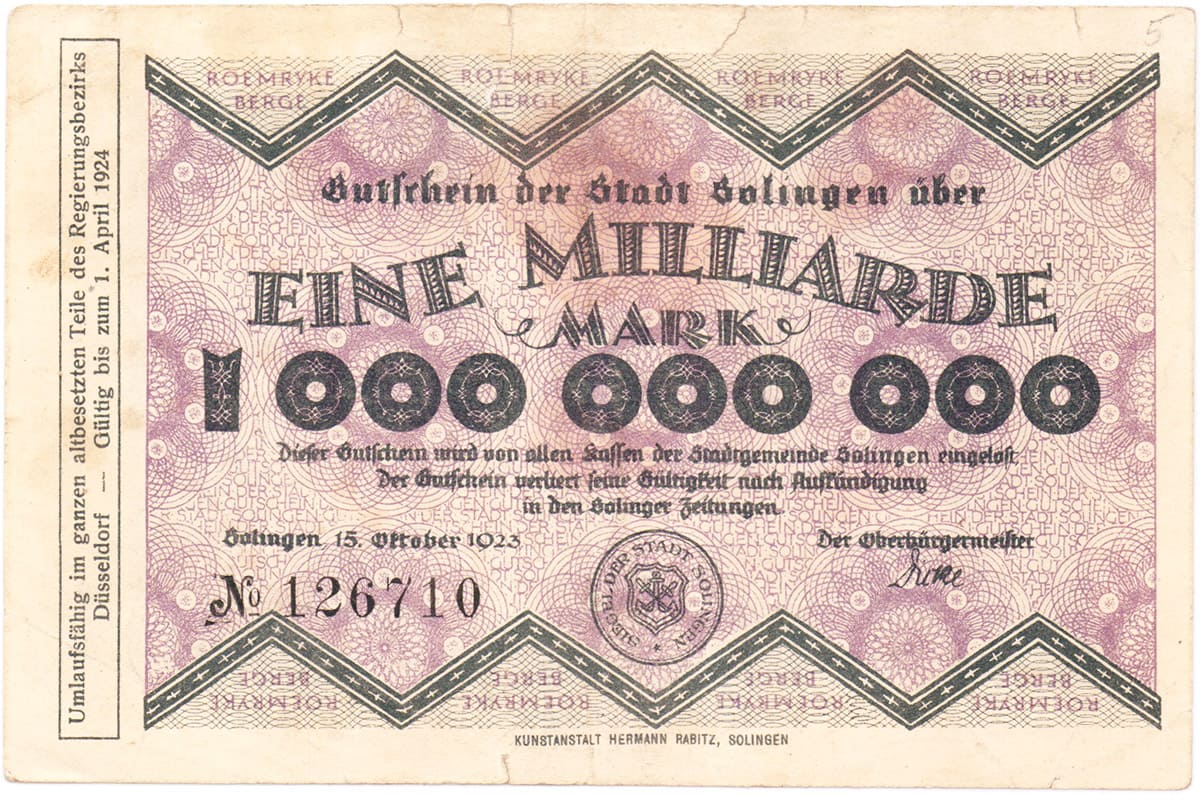 1 000 000 000 марок 1923 Stadt Solingen