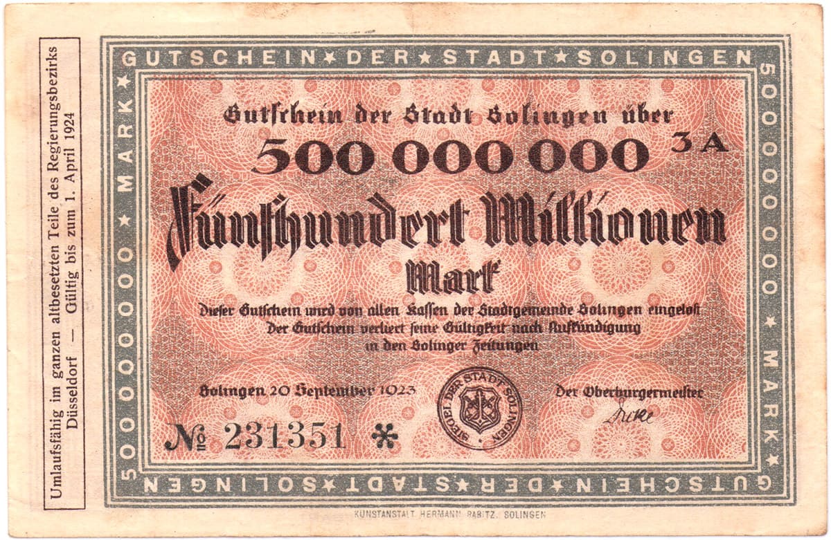 500 000 000 марок 1923 Stadt Solingen